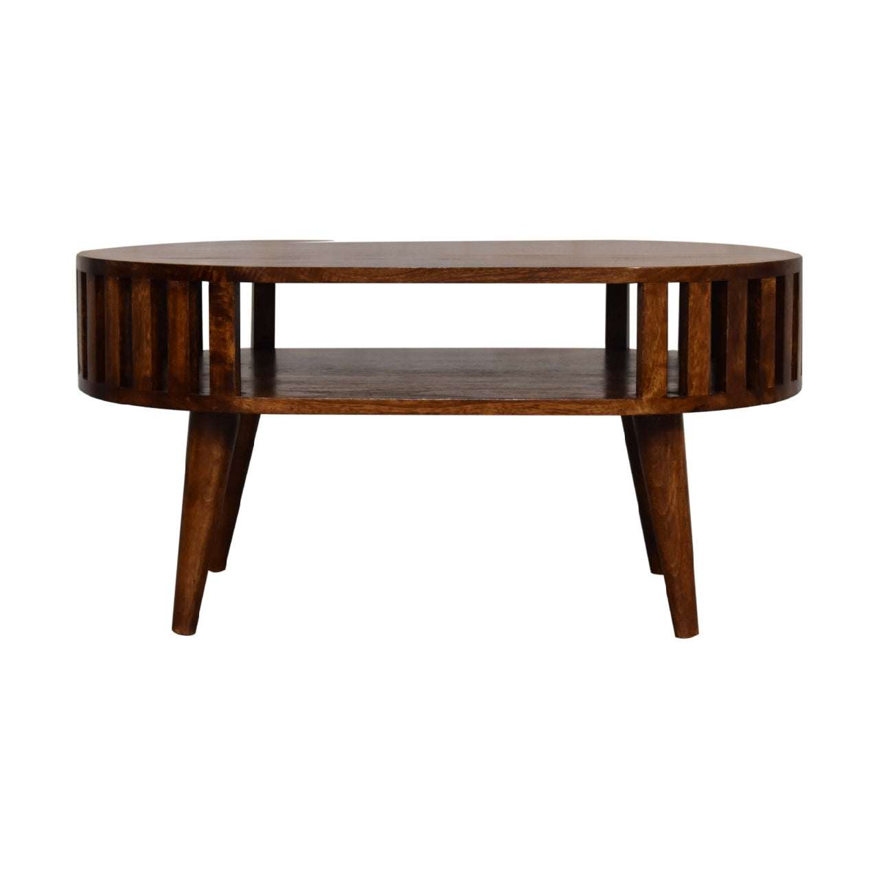 Oval Coffee Table with Shelf | Ariella - Chestnut Finish