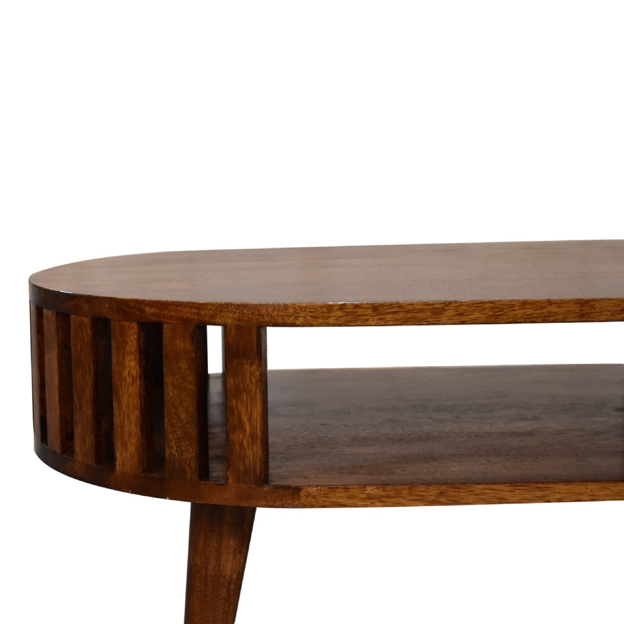 Oval Coffee Table with Shelf | Ariella - Chestnut Finish