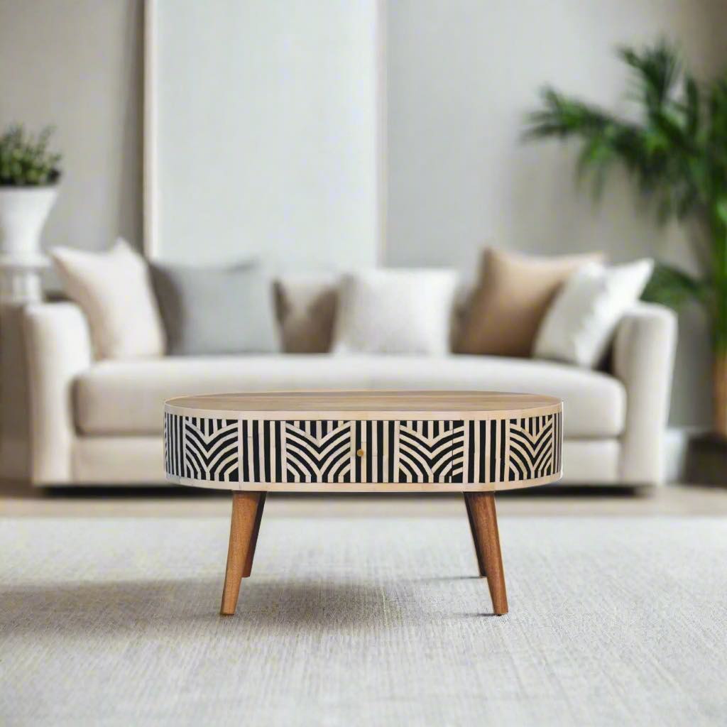 Oval Coffee Table with Storage | Art Deco Bone Inlay - Edessa